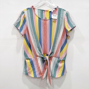 E & M Rainbow Stripe Knit Front Top Short Sleeve Lightweight Large
